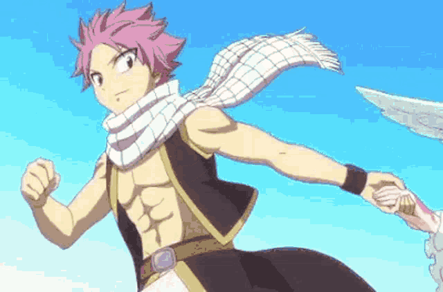 a man with pink hair and a scarf around his neck is holding a sword .