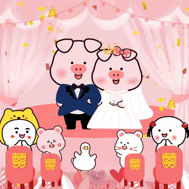 a bride and groom are surrounded by a group of cartoon characters including a cat and a duck