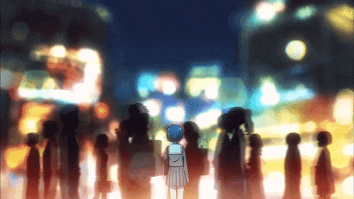 a girl with blue hair is standing in front of a crowd