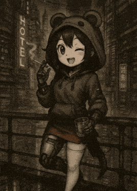 a black and white drawing of a girl holding a glass in front of a sign that says hotel on it