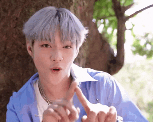 a young man with blue hair is standing next to a tree and making a funny face .