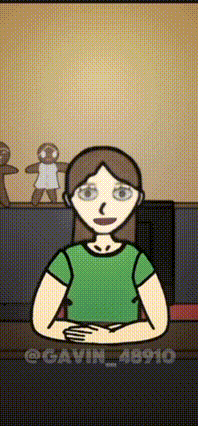 a cartoon of a woman sitting at a table with a gingerbread man in the background