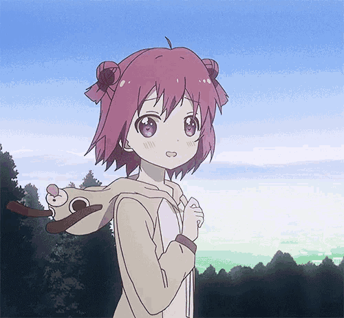a girl with purple hair is carrying a stuffed animal on her shoulder .