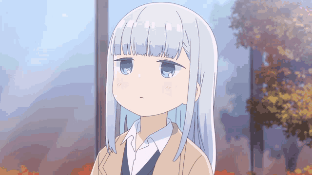 a girl with white hair and blue eyes is wearing a tan jacket