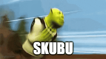 shrek is running on a track with the word skuba written on the ground .