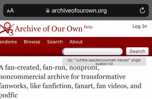a screenshot of the archive of our own beta page