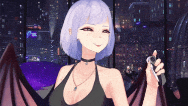 a girl with purple hair and wings is smiling and holding a camera