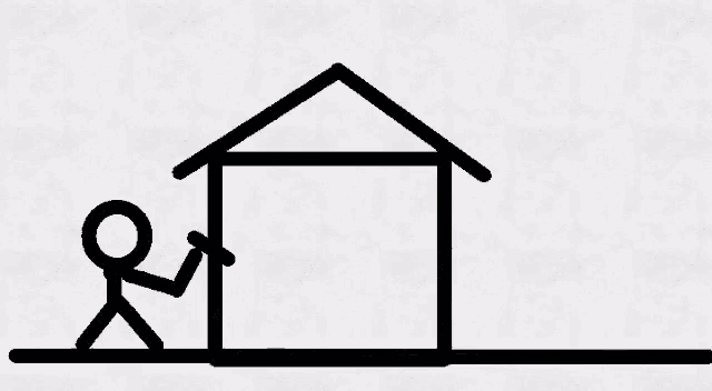 a stick figure is standing next to a house with a roof .