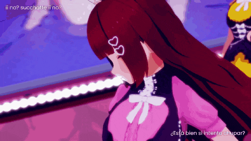a cartoon girl with hearts on her hair and the words " ii no succchatte ii no " above her