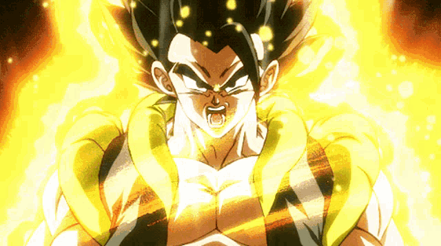 a close up of a cartoon character with glowing yellow hair