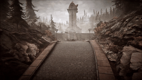 a brick walkway leads to a tower with a cross on top