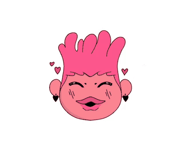 a cartoon character with pink hair and hearts around his head