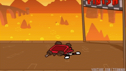 a cartoon of a red car on a track with a sign that says ' finish ' on it