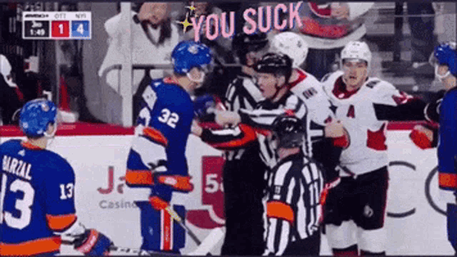 a hockey game is being played with the words you suck on the bottom