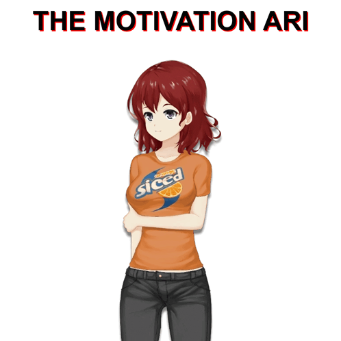 a girl with red hair is wearing a sliced orange t-shirt