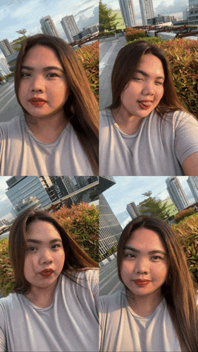 a woman takes a selfie in front of a city