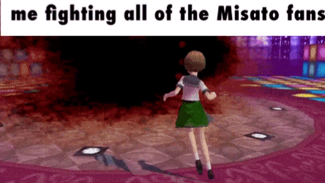a girl in a green skirt is dancing in a video game with the words `` me fighting all of the misato fans '' .