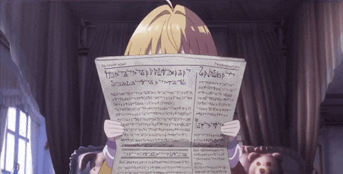 a girl is reading a newspaper with foreign writing on the front