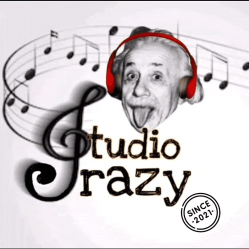 albert einstein wearing red headphones is surrounded by music notes and the words studio crazy