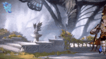a video game screen shows a man holding a sword in front of a giant dragon and the words gb vs on the bottom