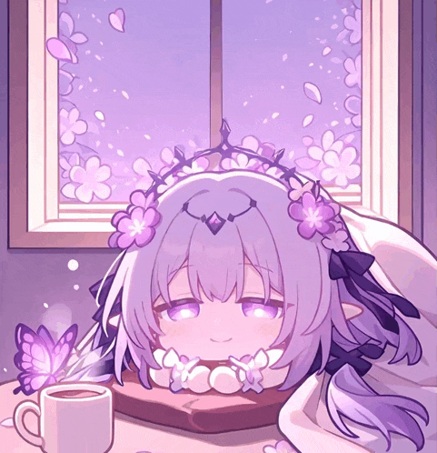 a drawing of a girl with purple flowers on her hair