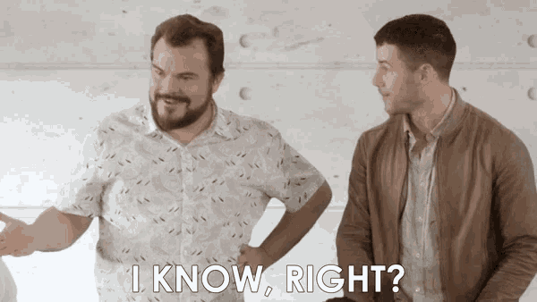 two men are standing next to each other and one of them says i know right