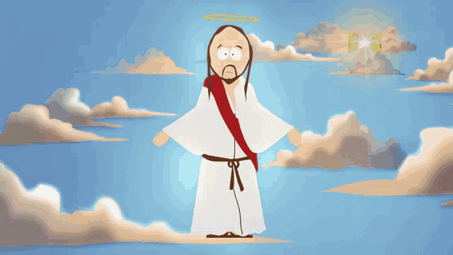 a cartoon of jesus standing in the clouds