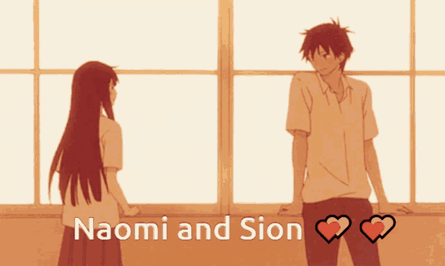 a boy and a girl are standing next to each other with the words naomi and sion written below them