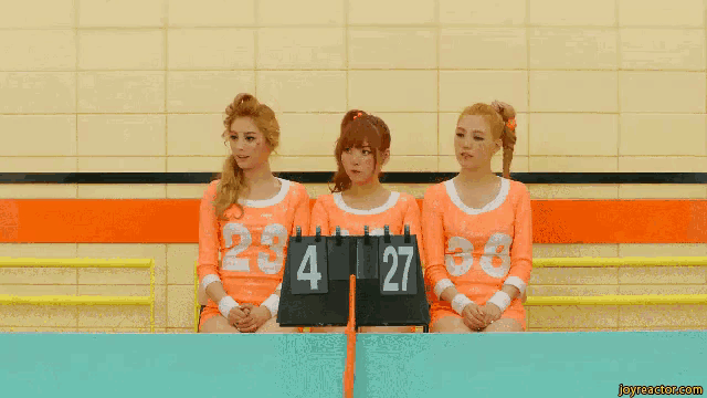 three cheerleaders are sitting in front of a scoreboard with the numbers 4 27 on it