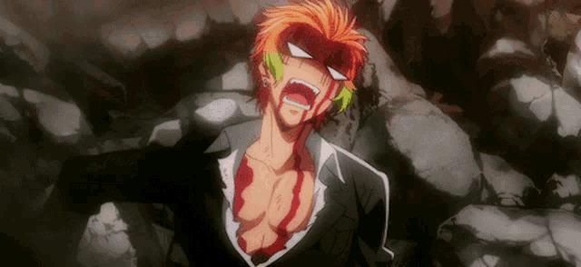 a man with orange hair and green ear piercings is screaming with blood on his chest
