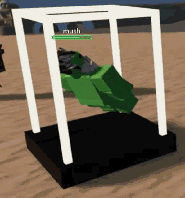 a green block is sitting in a white cube on a black base .
