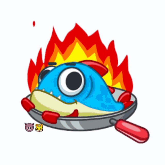 a cartoon fish in a frying pan with a speech bubble that says this is fine