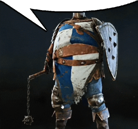 a man in armor with a shield and a speech bubble behind him