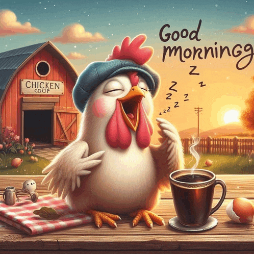 an illustration of a rooster yawning next to a cup of coffee and a sign that says " chicken coop "