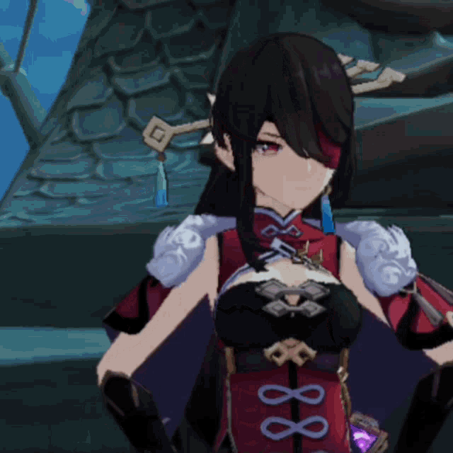 a girl in a red and black outfit with a purple infinity symbol