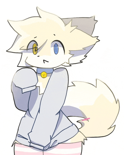 a drawing of a white furry animal with a blue eye and a collar