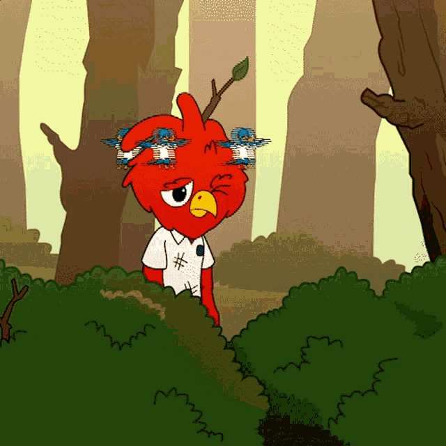 a cartoon of a red bird with blue birds on his head