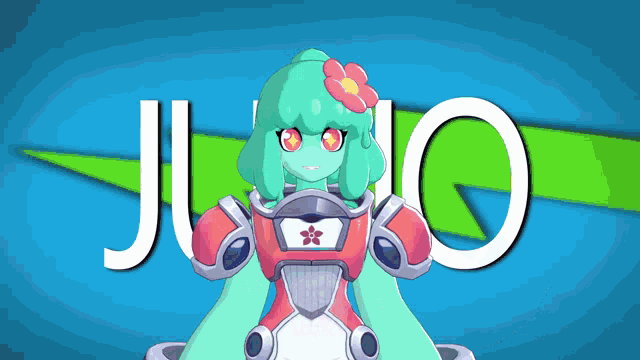 a girl with green hair and a flower in her hair is standing in front of the word juro