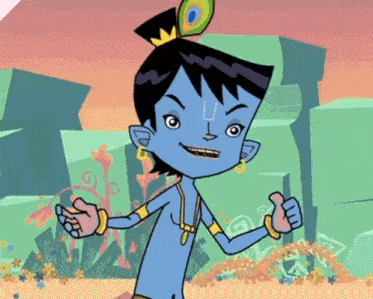 a blue cartoon character with a peacock feather on his head gives a thumbs up
