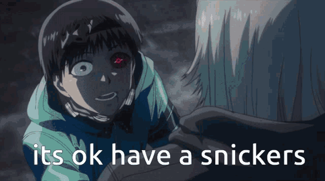 a cartoon character with red eyes and the words " its ok have a snickers " below him