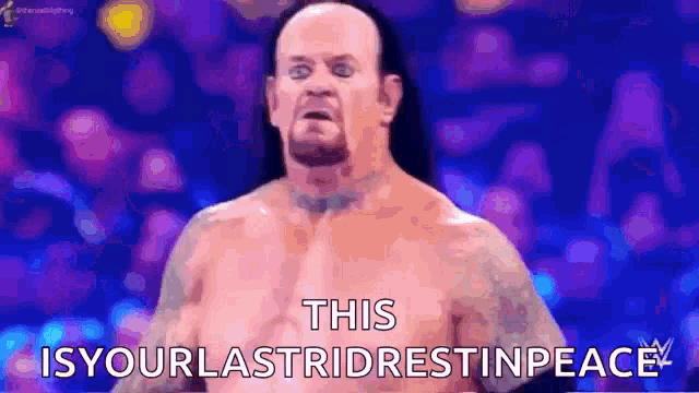 a man without a shirt is standing in front of a crowd and says this is your last stridestinpeace