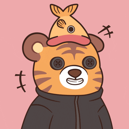 a cartoon drawing of a tiger wearing a hat with a fish on it
