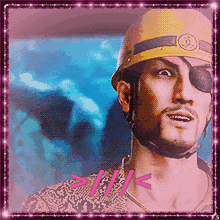 a man wearing a hard hat and an eye patch has a pink border around him