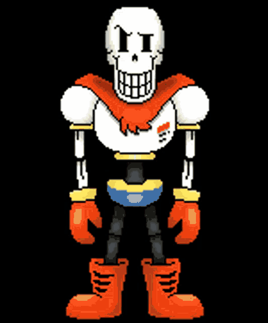 a pixel art drawing of papyrus with a red cape and boots