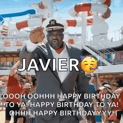 a man in a suit and captain 's hat is dancing on a cruise ship and says javier