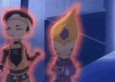 two cartoon characters are standing next to each other in a room with red glowing lines around them .