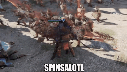 a video game character is standing in front of a large group of soldiers and the word spinalotl is on the screen .
