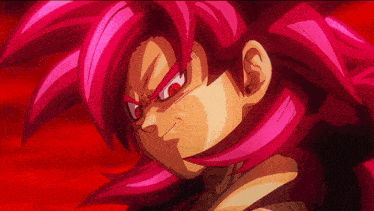 a close up of a cartoon character with pink hair and red eyes