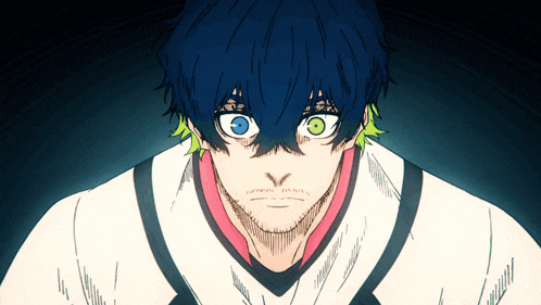 a close up of a person 's face with blue hair and green eyes