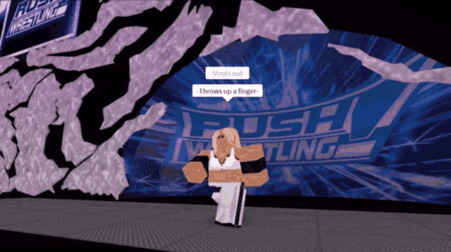 a video game character stands in front of a wall that says rush wrestling